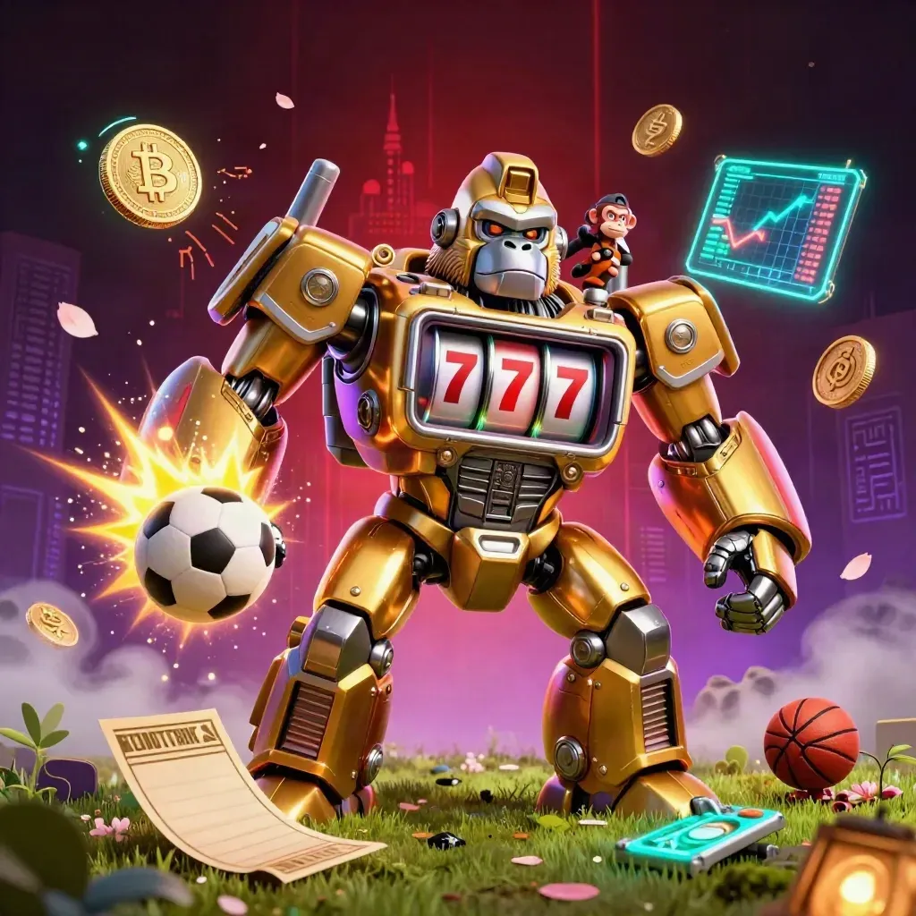Gorila mech emas dengan reel slot, bola sepak dan basket melesat di neon kasino