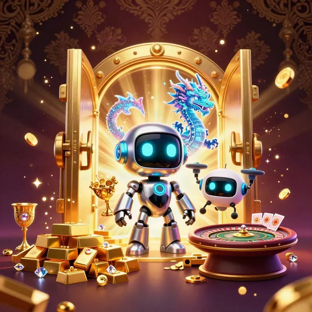 Robot cyberpunk, naga hologram, drone, brankas emas, kartu, dan roda roulette mewah