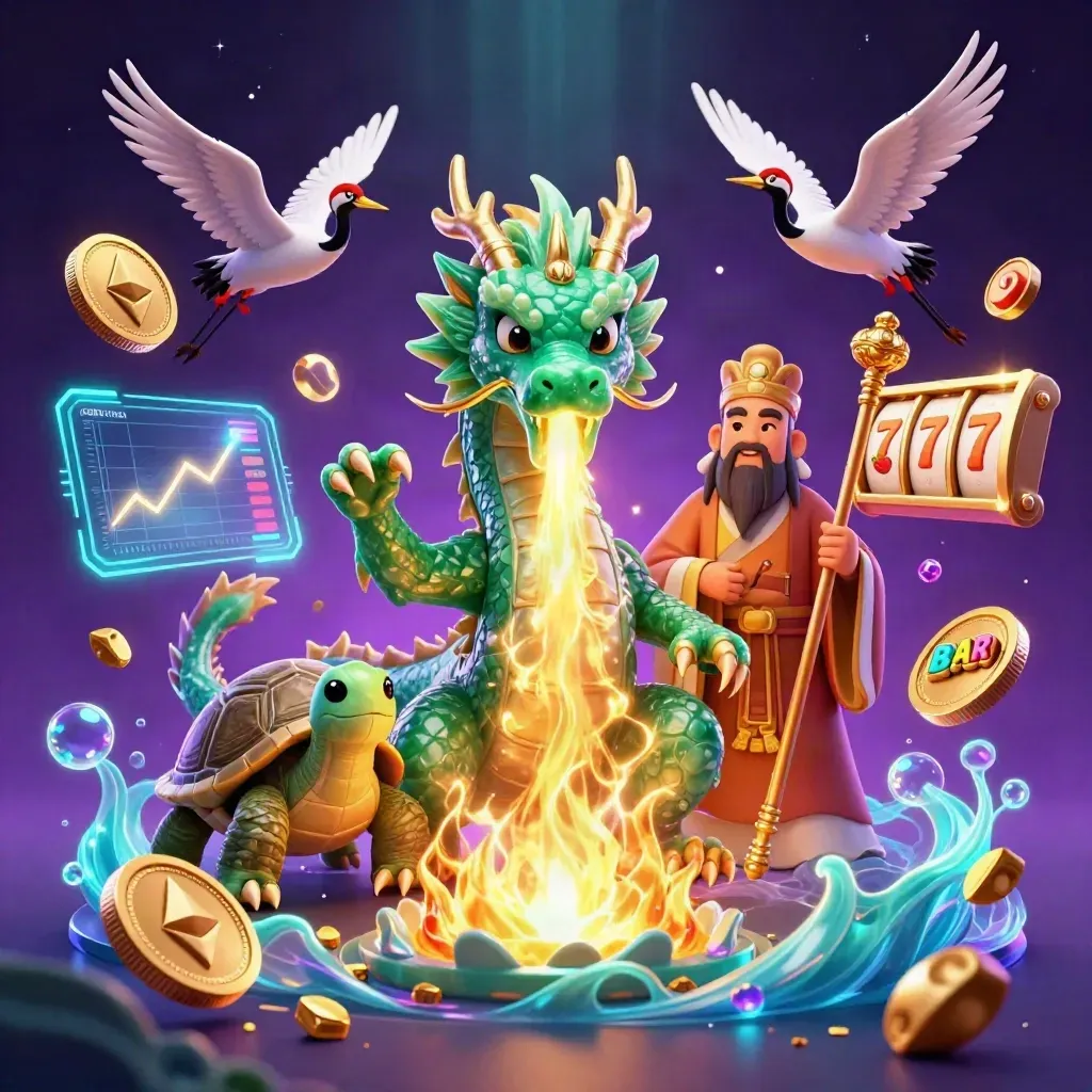 Naga jade, kura bijak, dan burung jenjang di ledakan koin kripto neon dan emas.