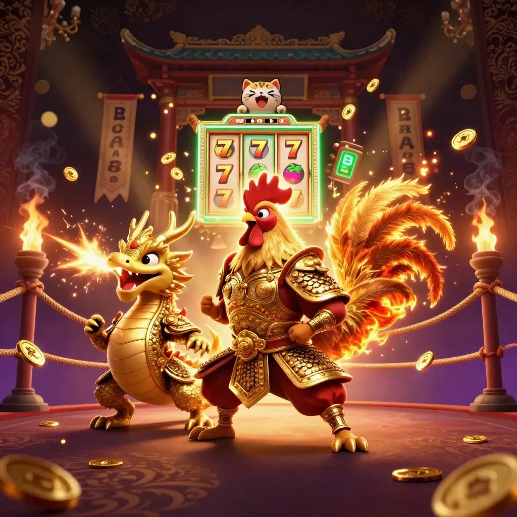 Ayam samurai, naga kecil, dan kucing hoki di arena kasino neon hijau