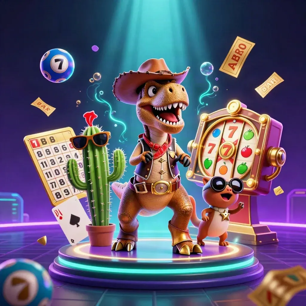 T-Rex koboi, kaktus berkacamata, dan burung road runner di tile kasino neon